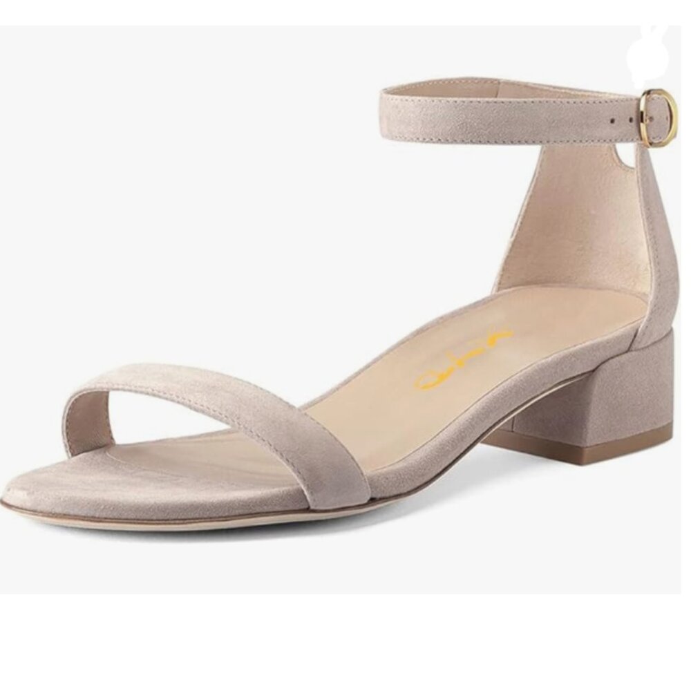 XYD Nude Suede Open Toe Ankle Strap Buckled Low Chunky Heel Sandal